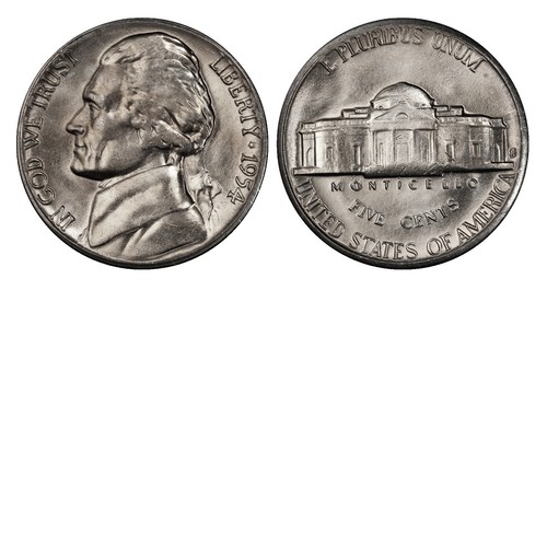 Side-by-side comparison of 1954 Jefferson Nickel reverse showing non-Full Steps versus Full Steps Monticello steps under magnification