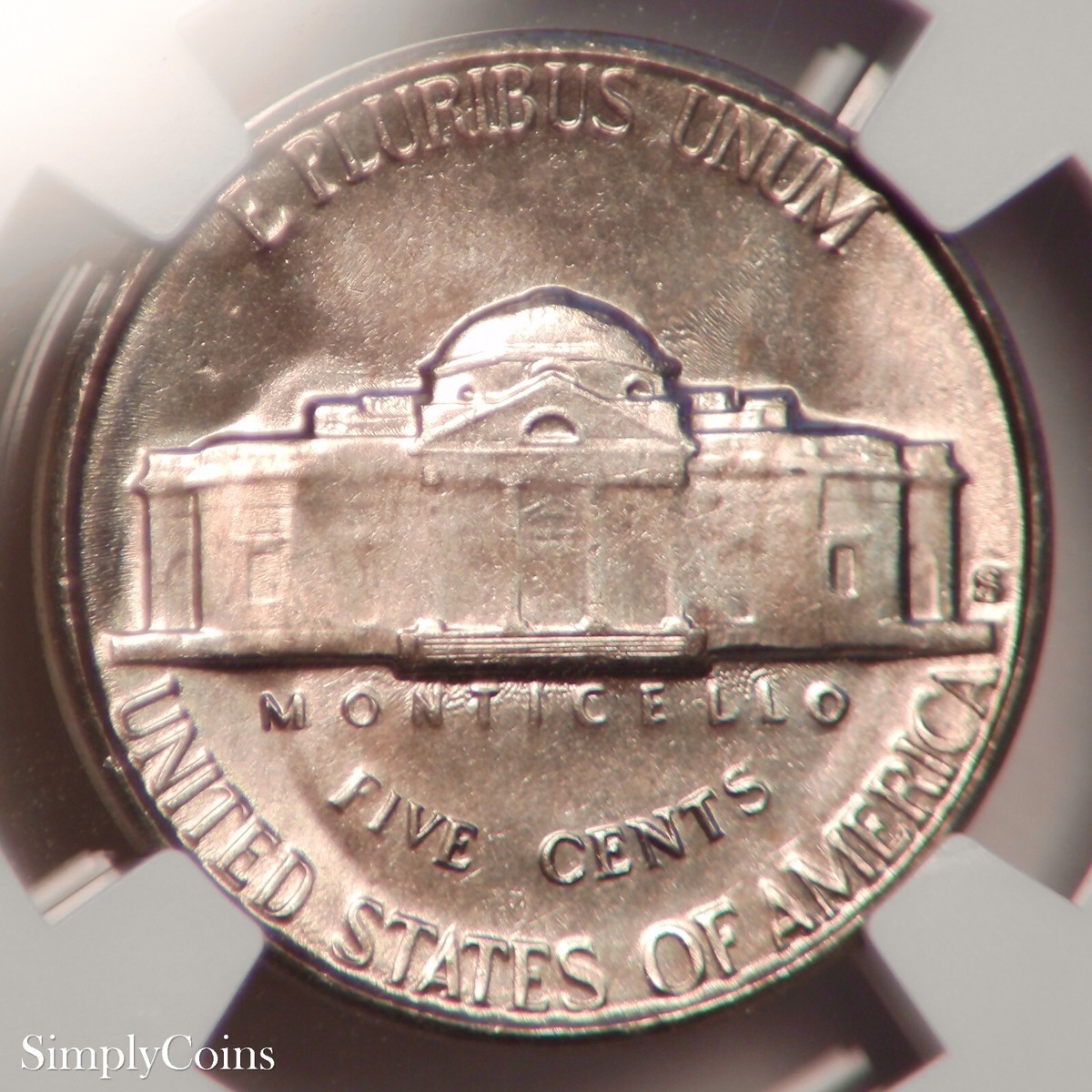 Close-up of 1954 Jefferson Nickel reverse showing Full Steps diagnostic — five sharply separated Monticello steps