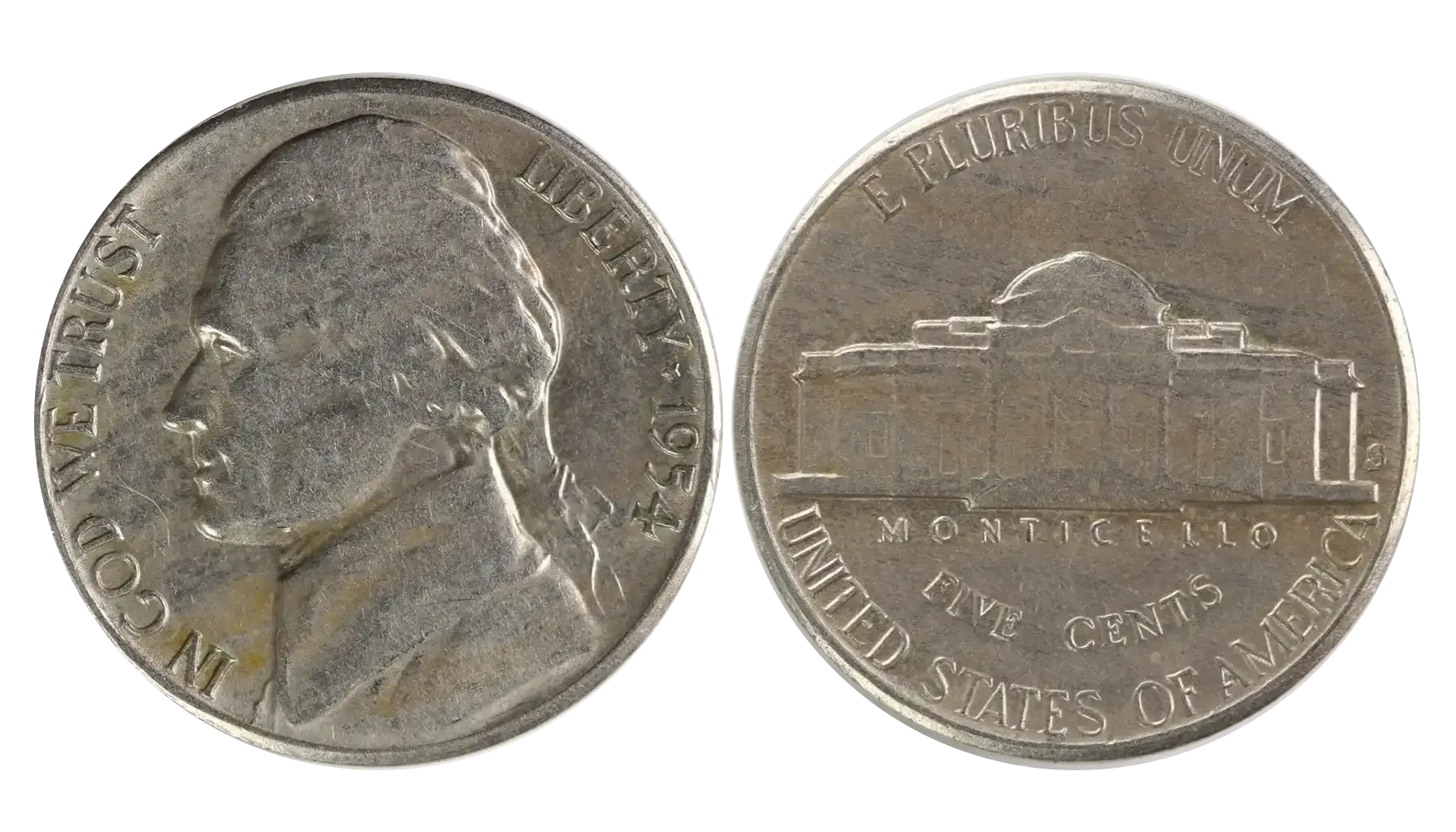 1954 Jefferson Nickels from Philadelphia, Denver, and San Francisco mints displayed together showing all three mint marks